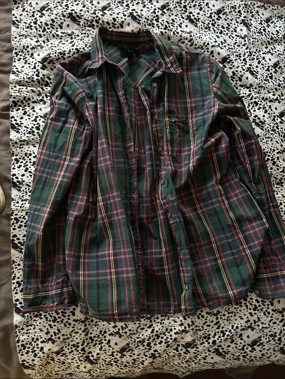J. Crew Green Plaid Button-Down Shirt with Pink and Yellow Stripes